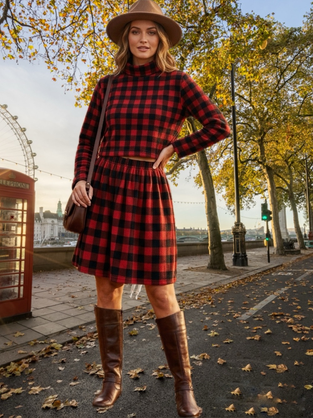 Buffalo Plaid Fleece Crop Top and Skirt Set NWT